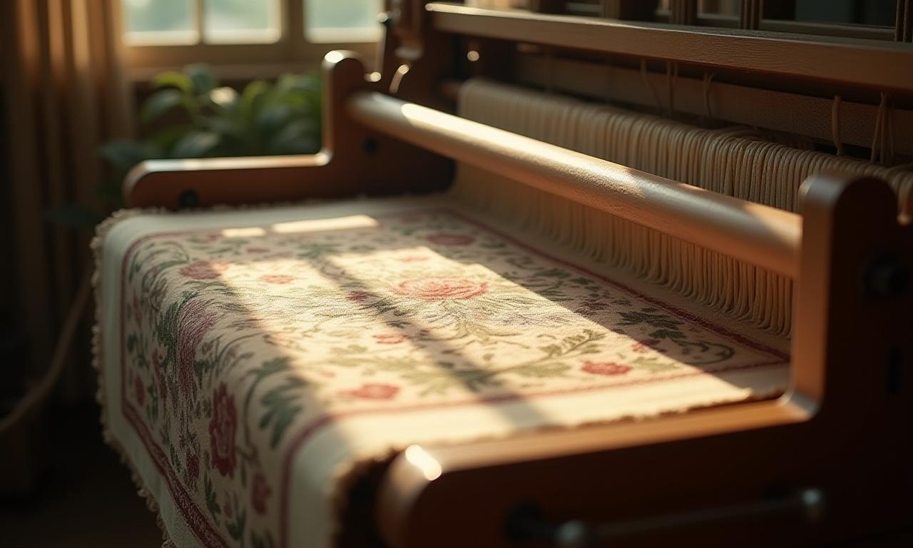 Métier à tisser ancien avec une tapisserie d'Aubusson en cours de création, ambiance chaleureuse et artisanale
